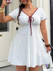 Muchica Plus Size Women's Front Tie Short Sleeve Casual Dress - Multicolor - View 1