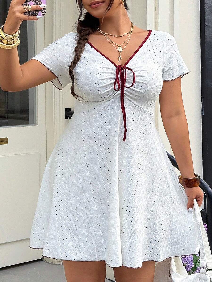 Muchica Plus Size Women's Front Tie Short Sleeve Casual Dress - Multicolor - View 1