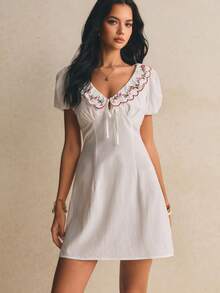 Poéselle Women's Embroidered Collar Cotton Mini Dress Puff Sleeve A-Line Summer Vintage Fairycore Modest Elegant Cottagecore Sundress Brunch Vacation - White - View 5