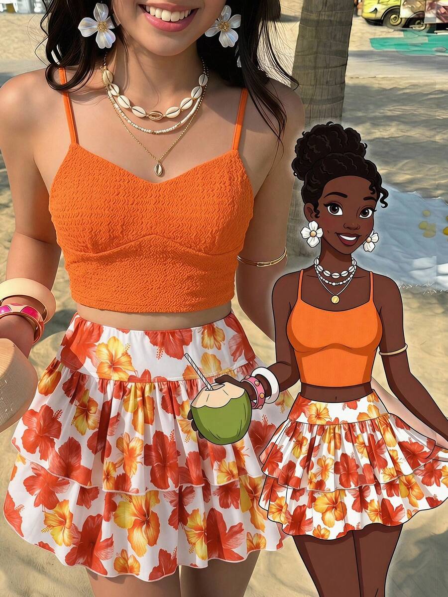 SHEIN Setelan 2 Potong Atasan Camisole Rajut Warna Polos dan Rok Mini Motif Bunga Kecil untuk Anak Perempuan Remaja