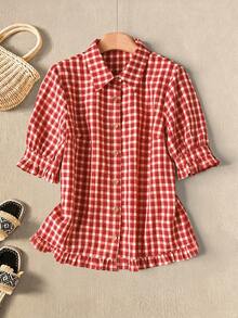 Rusticease Elegant Cute Preppy Red And White Plaid Gingham Party Picnic Blouses Women's Summer Casual Pastoral Back-To-School Printed Puff Short Sleeve Shirt - Red - View 3