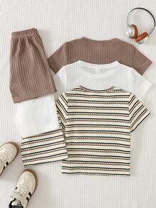SHEIN 6pcs Kids Summer Clothes Young Boy Comfortable Casual Style Crew Neck Short Sleeve T-Shirt Striped T-Shirt Top Woven Label Decoration Shorts 2pcs Set Ultra High Cost-Performance Multi-Piece Set Suitable For Outdoor Play Street Style Party Home Casual - Multicolor - View 3