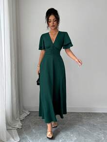 Elenzga Women's Summer Elegant Dark Green Shirred Waist Fit And Flare Dress,Sophisticated Party Cocktail Gown,Versatile Gathered Design For Date&Beach Wear - Dark Green - View 4