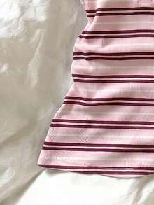 SHEIN Camiseta de manga corta ajustada con botones y rayas, casual de verano para mujer - Multicolor - Ver 3