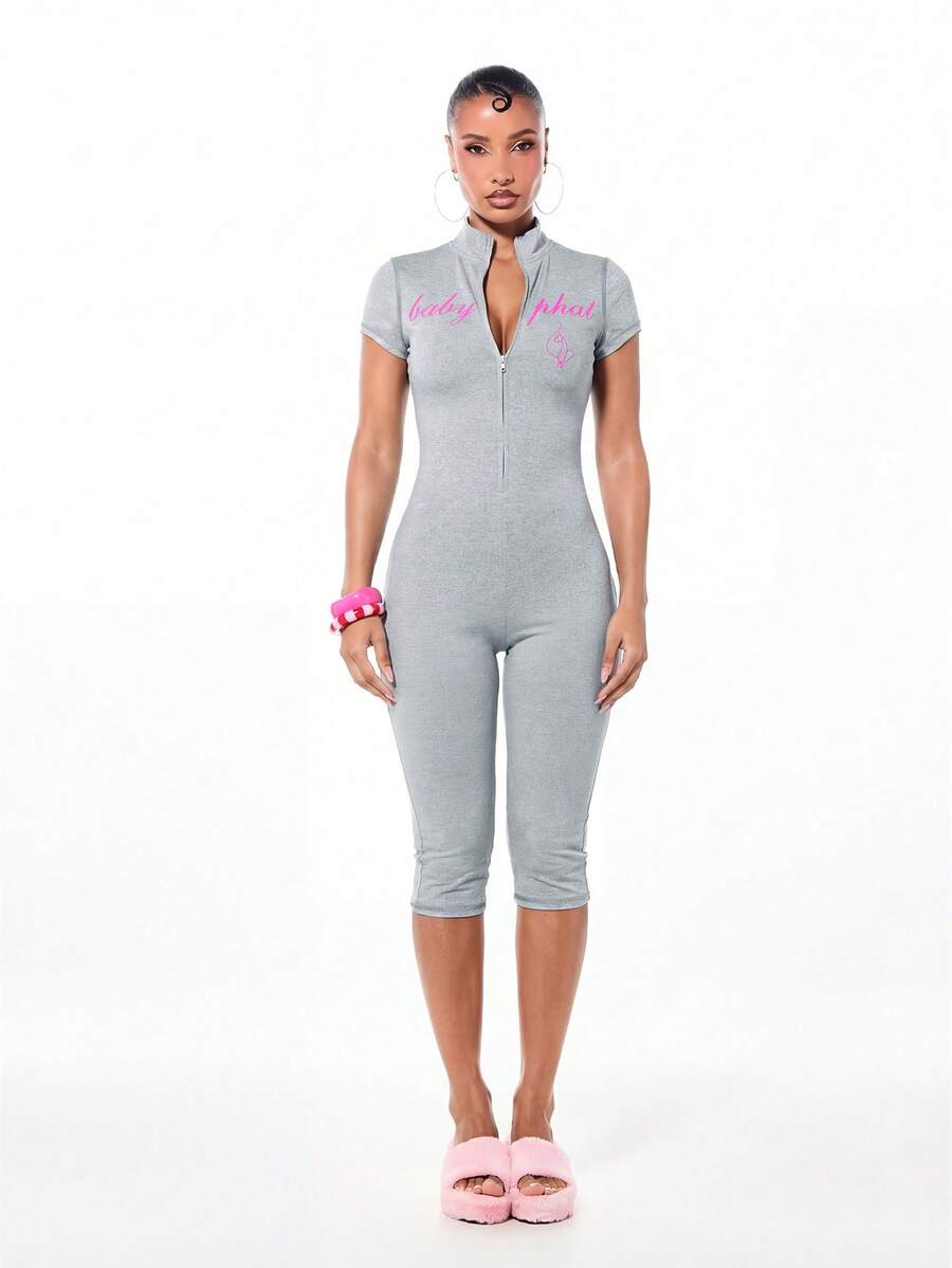 BABYPHAT Jersey Capri Zip Up Jumpsuit With Short Sleeves And Front Zipper - Light Grey - View 1