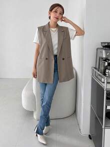 DAZY Women's Solid Color Lapel Double-Breasted Casual Sleeveless Business Blazer,Fall Clothes - Khaki - View 11