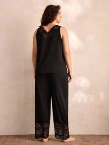 Charlaine Plus Size Solid Color V-Neck Lace Patchwork Sleeveless Top And Pants Summer Pajama Set - Black - View 3