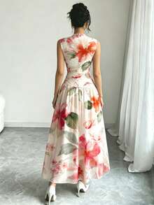 Modelyn 红色印花V领无袖长款连衣裙，女士时尚褶皱腰身长裙，白色花卉图案夏季度假优雅连衣裙 - 彩色 - View 2