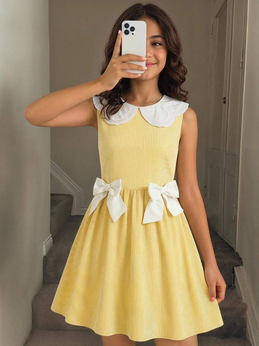 SHEIN Tween Girl Casual Cute Contrast Color Peter Pan Collar Embroidered Lace Trim Bow Decor Sleeveless Waist Cinched Dress, Lemon Yellow, Summer - Yellow - View 1