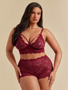 SHEIN BAE CURVE 加大码纯色蕾丝性感文胸和内裤内衣套装，2 件 - 酒紅色 - 查看 3