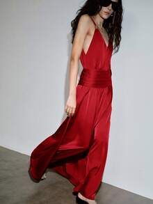 MOTF PREMIUM URBAN METAL RING DECOR CHAIN RUCHED LONG CAMI DRESS SPRING SUMMER - Red - View 3