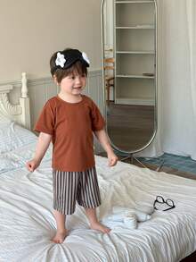 DAZY Baby Boy Round Neck Solid Color T-Shirt And Striped Shorts Pajama Set - Orange - View 6