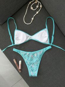 Costavie 夏季海灘女款亮片露背繫帶細肩帶上衣與三角褲比基尼套裝 - 藍色 - 查看 2