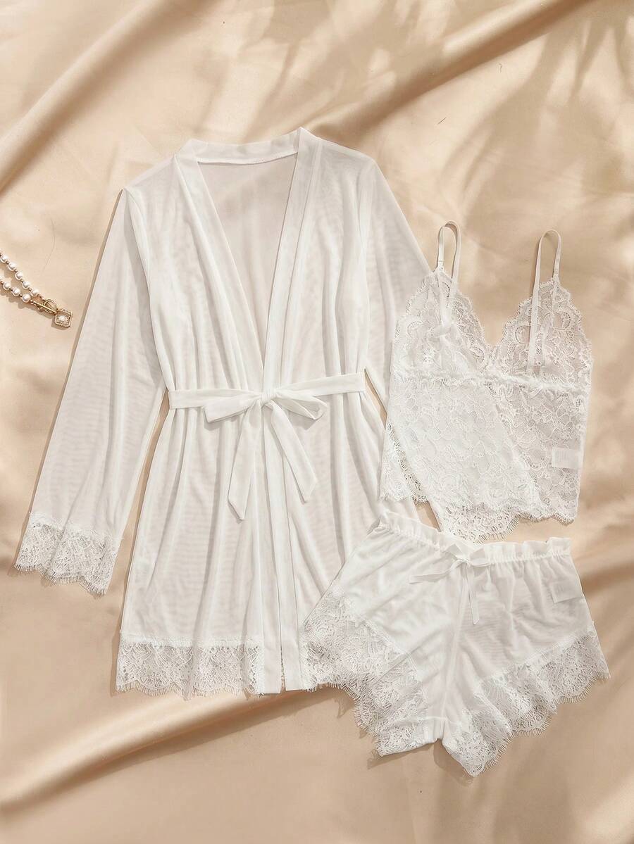 Crystal Vow 4pack Contrast Lace Mesh Lingerie Set With Robe & Belt Bridallingerie - White - View 1