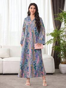 SHEIN Najma 女款花卉印花休閒派對旅行阿拉伯風洋裝 - 藍色 - 查看 7