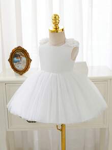 SHEIN Glamorique Kids 女嬰酒紅色緞面網紗高階正式禮服，3D花朵設計、大蝴蝶結背部、蓬蓬裙，適合聖誕節、嬰兒生日派對、慶祝活動、宴會、派對，無袖吊帶裙，鼠尾草綠公主禮服，鼠尾草綠女嬰洋裝，鼠尾草綠公主裙 - 米色 - 查看 6