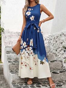 Editum Women's Colorblock Floral Print Belt Pocket Elegant Long Dress - Multicolor - View 5
