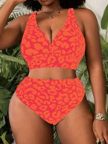 Slaydiva Women's Plus Size 2pcs Leopard Print V-Neck High Waist Triangle Bikini Set Vacation Tank Style Swimsuit Orange Summer Beach Sexy - Multicolor - View 4