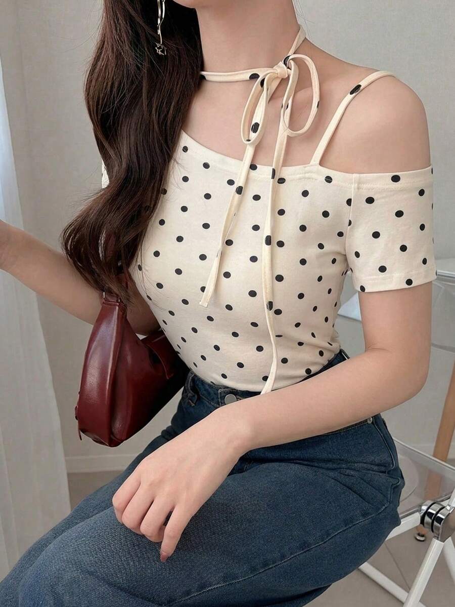 FRIFUL 女款不對稱領口長袖波點繫帶露肩修身休閒百搭T恤,秋季圖案可愛上衣 - 杏色 - 查看 1