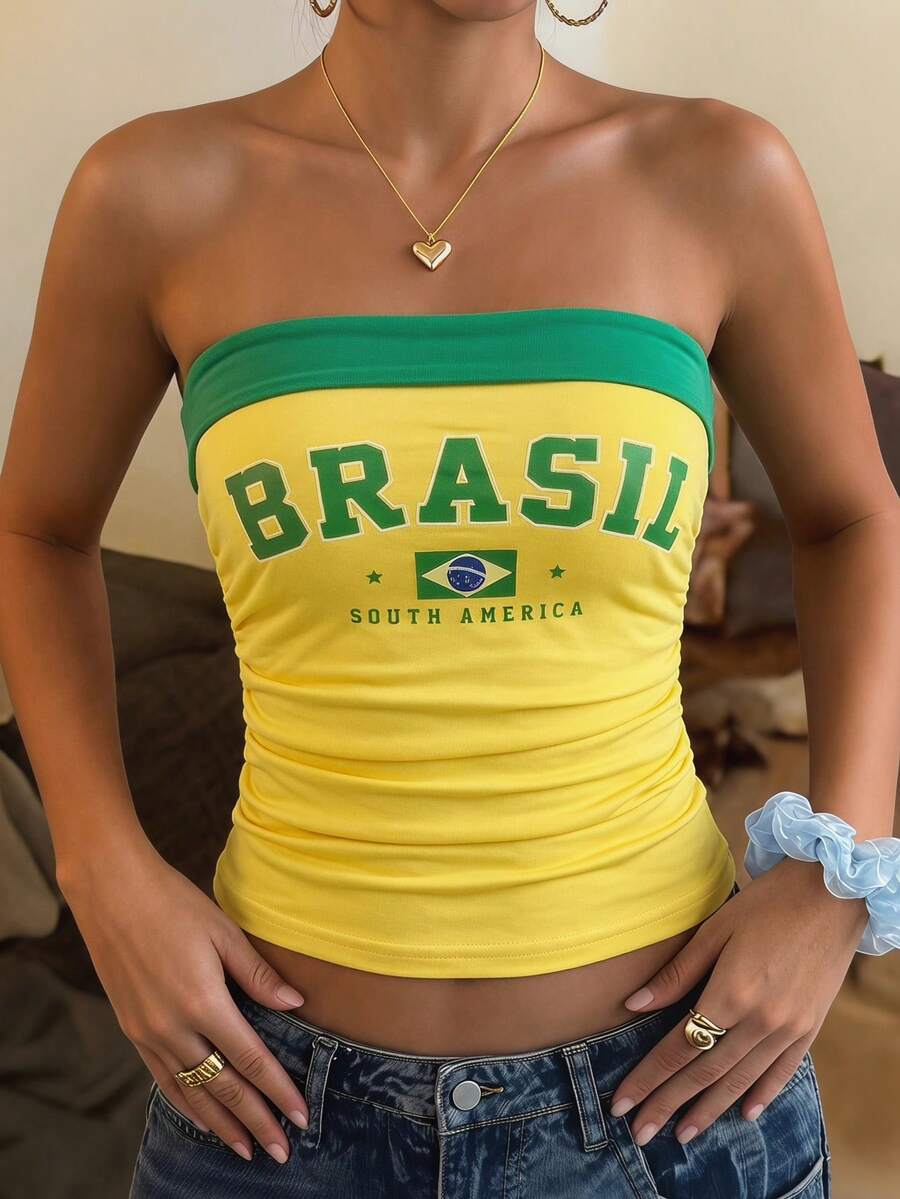 SHEIN 少女休闲运动风都市字母 BRAZIL 图案撞色滚边修身露背背心，运动休闲基础款 - 黃色 - 查看 1