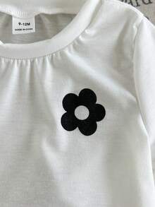 SHEIN Playful Pals 2件組女嬰幼兒/新生兒0-3歲春夏季休閒日常趣味臘腸狗印花圓領T恤上衣+粉色條紋短褲套裝 - 黑與白 - 查看 7