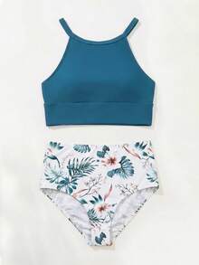 Swim Lushoire 夏季海灘掛脖式分體式比基尼泳衣套裝，熱帶植物印花 - 彩色 - 查看 6