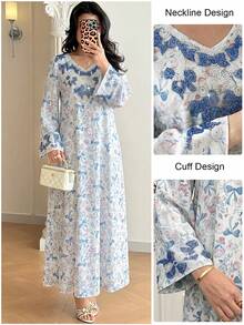Al Najma Loose Fit White & Blue Butterfly Print Embellished Long Dress, Spring/Summer - Multicolor - View 7