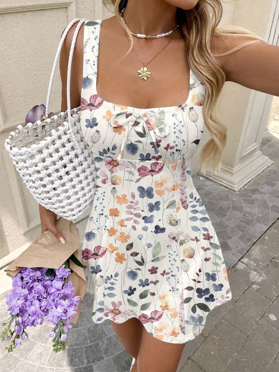 SHEIN LUNE Women's Mini Pattern Print Backless Strap Shoulder Dress - Multicolor - View 1