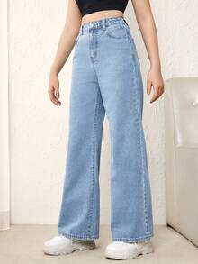 SHEIN Teen Girl Loose Straight Leg Denim Jeans With Pockets - Light Wash - View 4