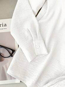 SHEIN EZwear 女款春秋休閒度假日常通勤白色編織刺繡落肩寬鬆長袖襯衫與寬腿長褲套裝 - 白色 - 查看 5