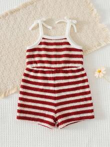 Cozy Pixies Baby Girl Contrast Color Striped Pattern Knit Soft Suspender Romper Shorts - Red - View 2
