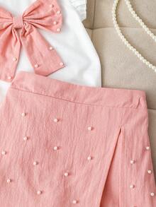 Souflis Souflis Setelan 2 potong untuk anak perempuan usia 4-7 tahun, terdiri dari atasan lengan bergelombang berhiaskan manik-manik dan celana pendek berbelahan pinggang elastis berwarna pink dengan hiasan manik-manik, cocok untuk dipakai sehari-hari, pesta, dan acara lainnya. - Berwarna merah muda - View 8