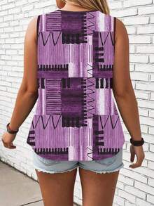 SHEIN LUNE CURVE Plus Size Patchwork Printed Casual Crew Neck Sleeveless Top, Daily Wear Women Tank Tops - Multicolor - View 2