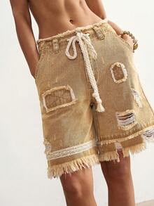 Bohemela Casual Lace Patchwork Loose Distressed Denim Shorts For Women - Black - View 5