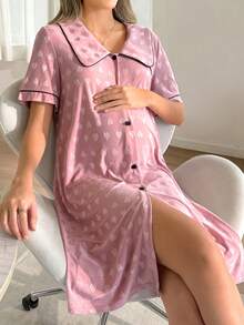 Moonlight&Mama Heart Jacquard Large Lapel Contrast Trim Striped Maternity Loungewear Dress - Pink - View 5