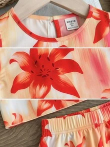 SHEIN 2件/組少女編織花卉圖案圓領背心與短褲套裝，柔軟舒適，波希米亞風，音樂節度假假期適用 - 橘色 - 查看 7