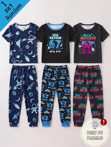 [Randomly Shipped 1 Set]Young Boys Pajamas Spring/Summer New Glow-In-The-Dark Hot-Selling Elements Universe, Rocket, Astronaut, Fun Digital Human 67 Combination Pattern Print, Knitted Tight Fit High Elastic Fabric Short Sleeve Long Pants Pajama 2-Piece Set Tight Fit Pajama (Randomly Shipped) 1 Set Will Be Shipped At Random - Multicolor - View 5