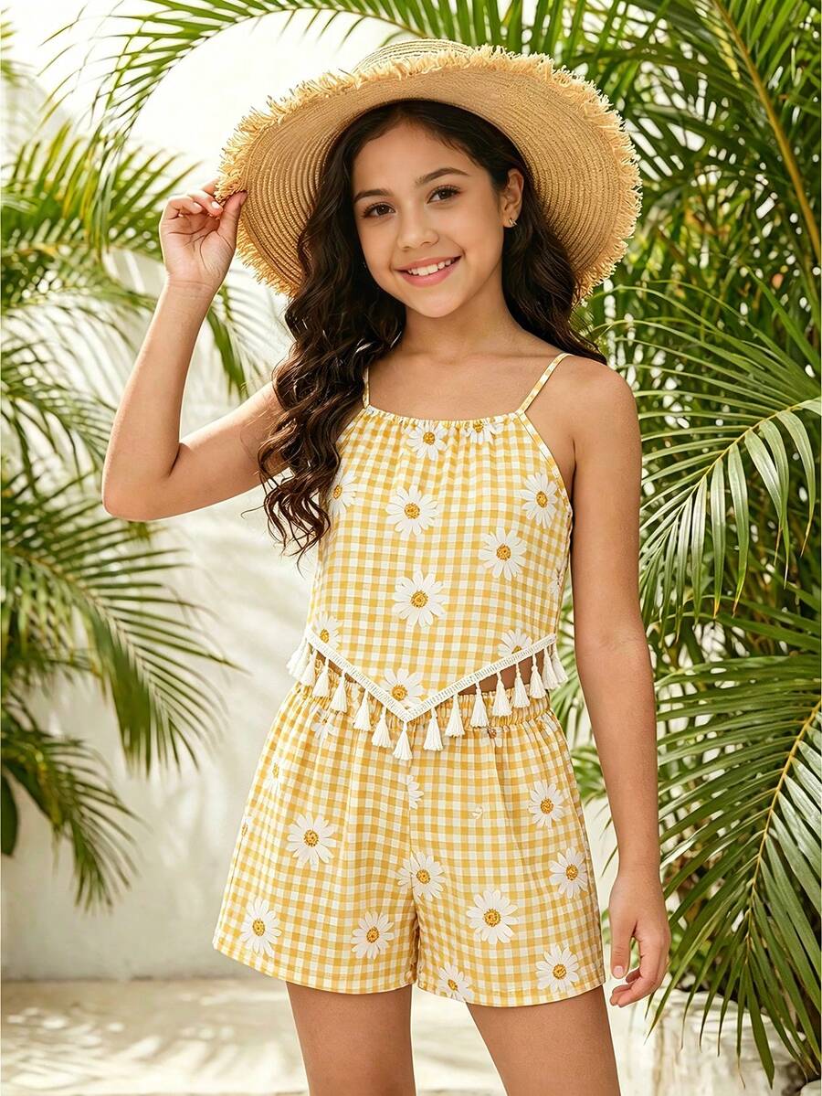 Tween Girl Plaid Floral Print Tassel Design Camisole Top And Shorts Casual Daily Set - Yellow - View 1