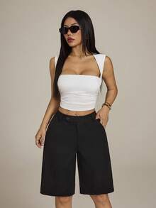 SHEIN PETITE Modichic Casual Solid Slant Pocket Bermuda Shorts - Black - View 7