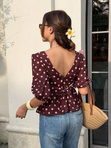 SHEIN Frenchy Women's Back Lace-Up Open Back Puff Sleeve Brown And Pink Polka Dot Blouse Summer Vintage French Elegant Vacation - Brown - View 11