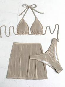 Swim SXY Summer Beach 3packs Halter Triangle High Cut Bikini & Beach Skirt - Khaki - View 5