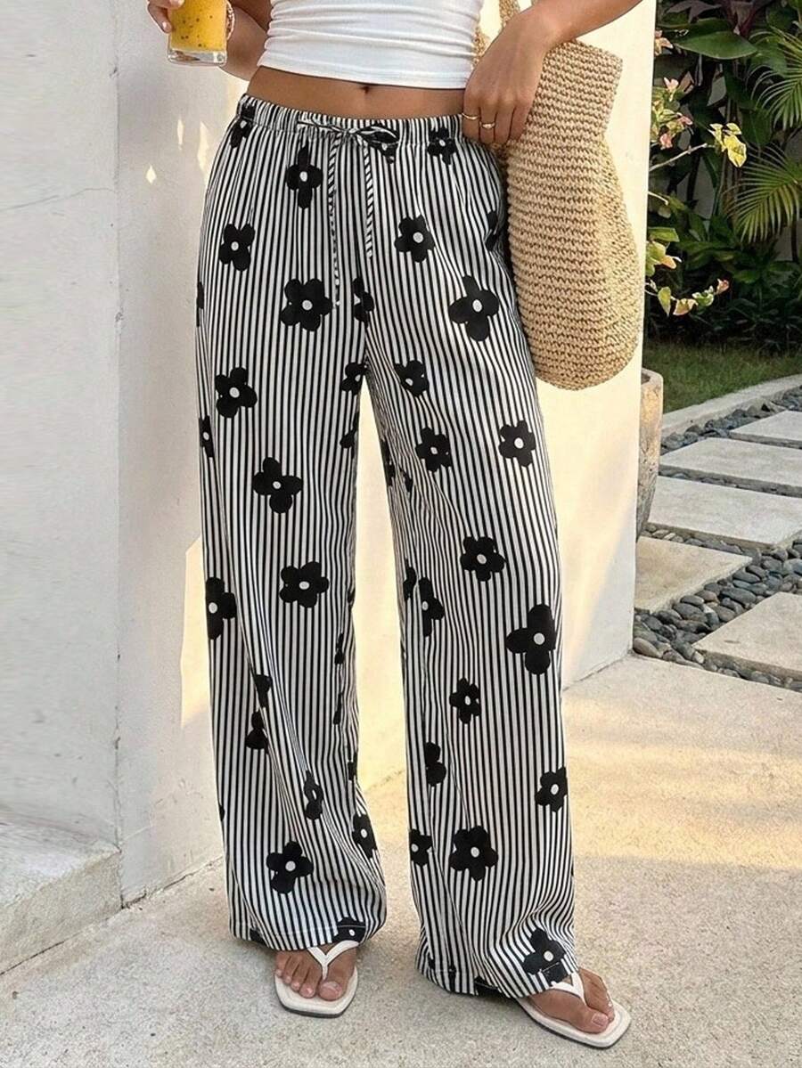 SHEIN Girls Casual Striped & Floral Print Loose Black Pants, Suitable For Daily, Commuting, Vacation, Music Festival - Black - View 1