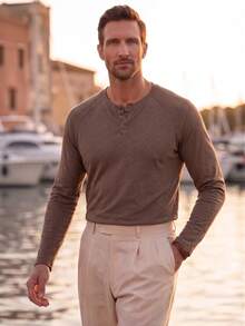 Officeau Men's Casual Solid Color Henley Neck Long Sleeve Undershirt, Comfortable & Soft, Versatile For All Seasons,Fall - Brown - View 5