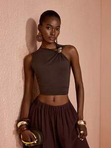 JIAN LASALA Elastic Waist Wide-Leg Floor-Length Oversized Casual Woven Pants Daily Vacation Dark Brown Summer - Coffee Brown - View 7