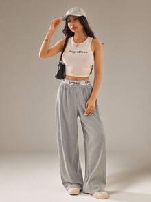 SHEIN PETITE Quần ống rộng nữ kiểu dáng thường ngày, có in chữ, cạp chun. - Xám - Xem 3