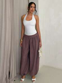 Glamine Women's Elegant Sexy Vacation Wide Waist Bubble Leg Loose Fit Pants - Apricot - View 5