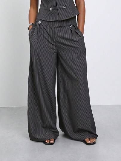 COUREZ PINSTRIPE BAGGY BALLOON TROUSERS WITH DRUMMER BUTTONS