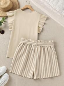 EMERY ROSE 2-Piece Set: Plus Size Apricot Solid Color Ruffle Sleeve Top And Striped Shorts, Casual Vacation 2-Piece Set Summer Women's Clothing. - Apricot - View 2