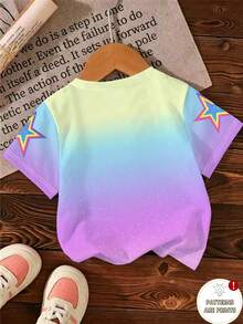 1pc Girls Rainbow Gradient Rhinestone Heart & Star Print Crew Neck Short Sleeve T-Shirt, Casual Summer Top For Daily Wear And Outings - Multicolor - View 2