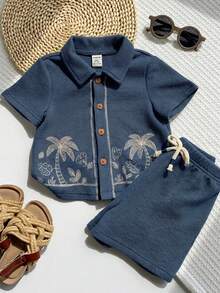 SHEIN 男女嬰兒 2件組 春夏休閒度假風可愛植物刺繡華夫格短袖上衣與短褲套裝，男嬰套裝，男嬰夏季衣物，夏威夷襯衫 - 藏蓝色 - 查看 4